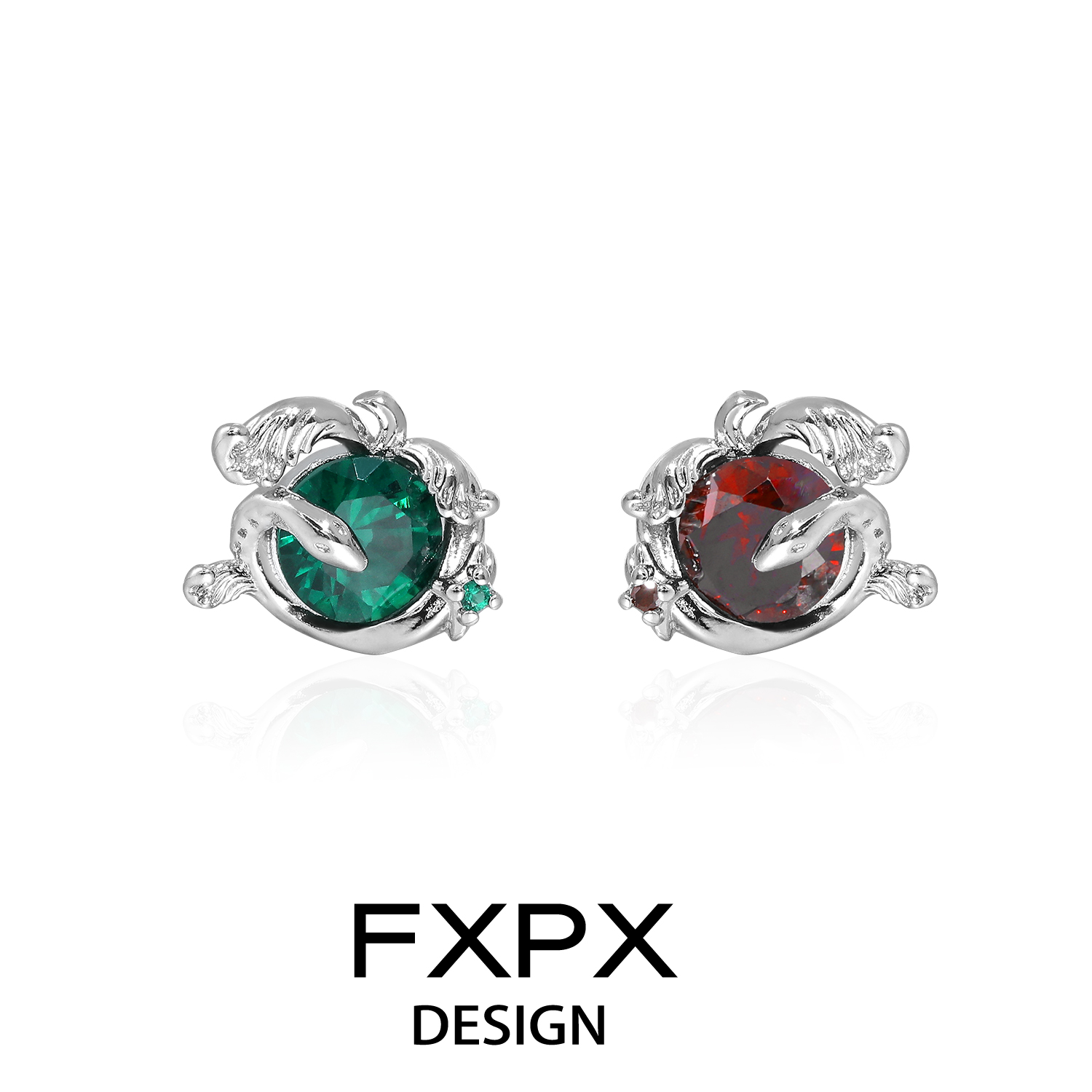 FXPX 原创设计红绿蛇锆石耳钉欧美暗黑风耳环甜酷风耳饰925银针