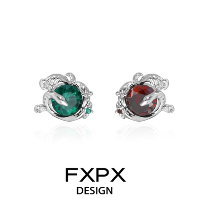 FXPX 原创设计红绿蛇锆石耳钉欧美暗黑风耳环甜酷风耳饰925银针