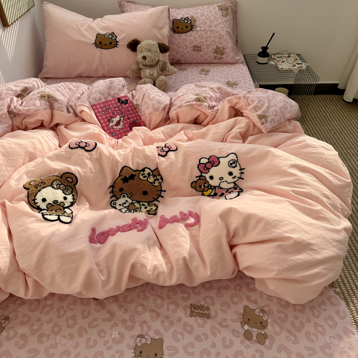 可爱少女心粉猫咪毛巾绣四件套