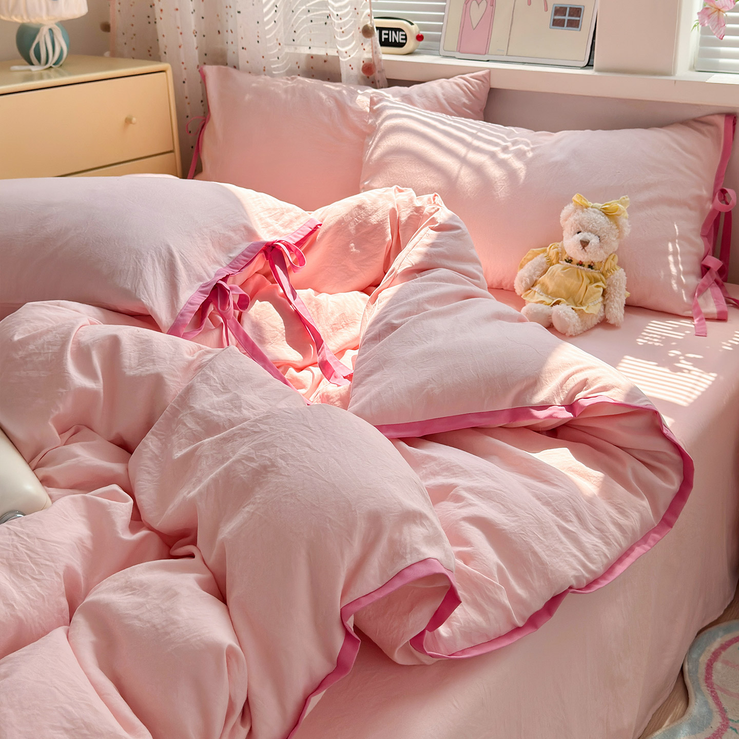 ins少女密桃粉撞色绑带款四件套