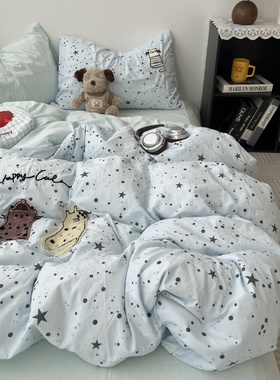 ins韩系少女线条猫咪毛巾绣水洗棉床单四件套全棉被套纯棉三件套