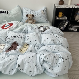 ins韩系少女线条猫咪毛巾绣水洗棉床单四件套全棉被套纯棉三件套