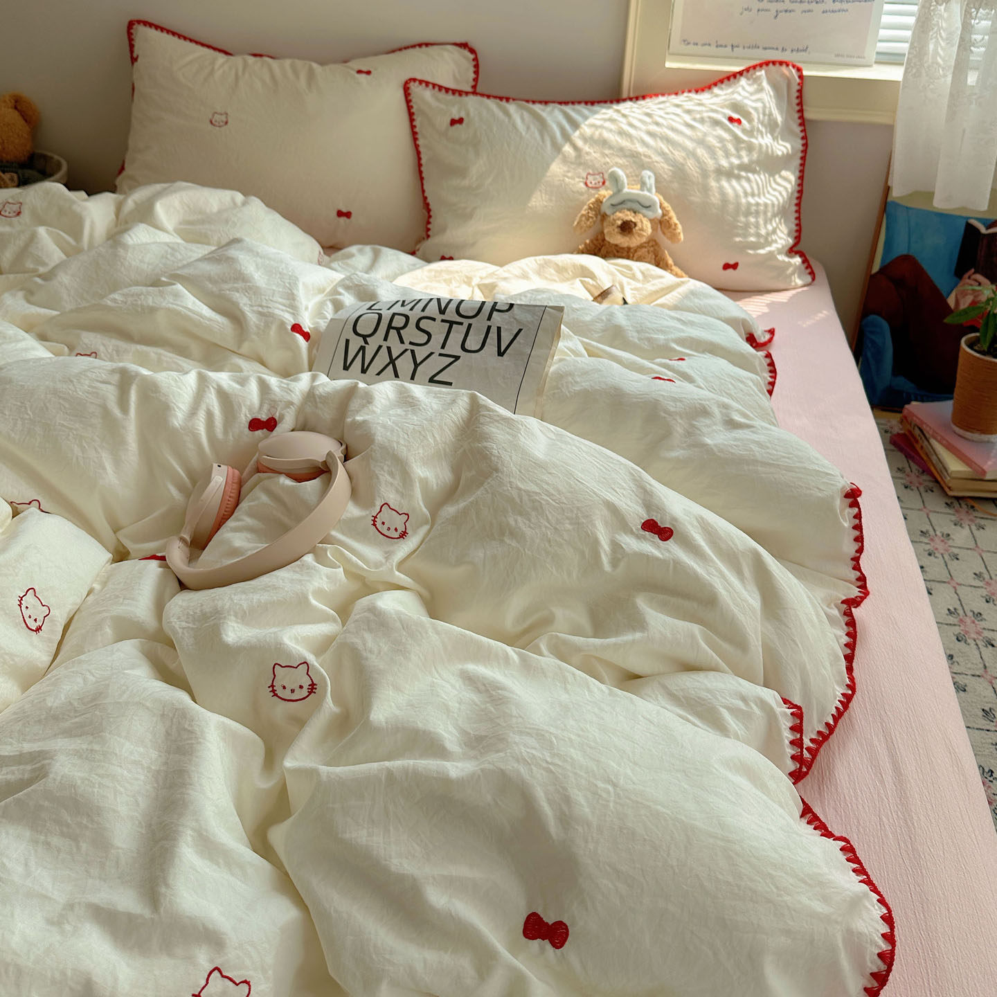 少女心ins可爱猫咪毛巾绣水洗棉床单四件套贝壳绣被套学生三件套