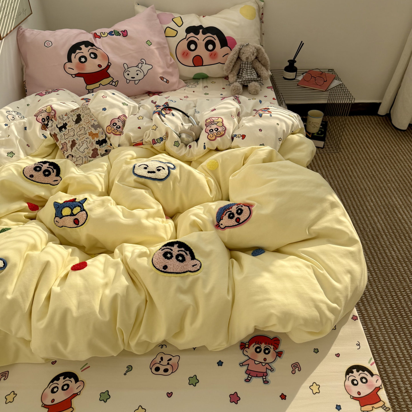 ins卡通萌趣波点小新毛巾绣水洗棉床单四件套全棉被套纯棉三件套