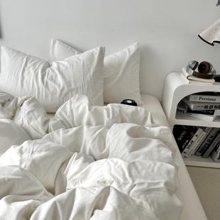 极简博主风少女奶白色水洗棉床单四件套全棉被套纯棉床笠三件套