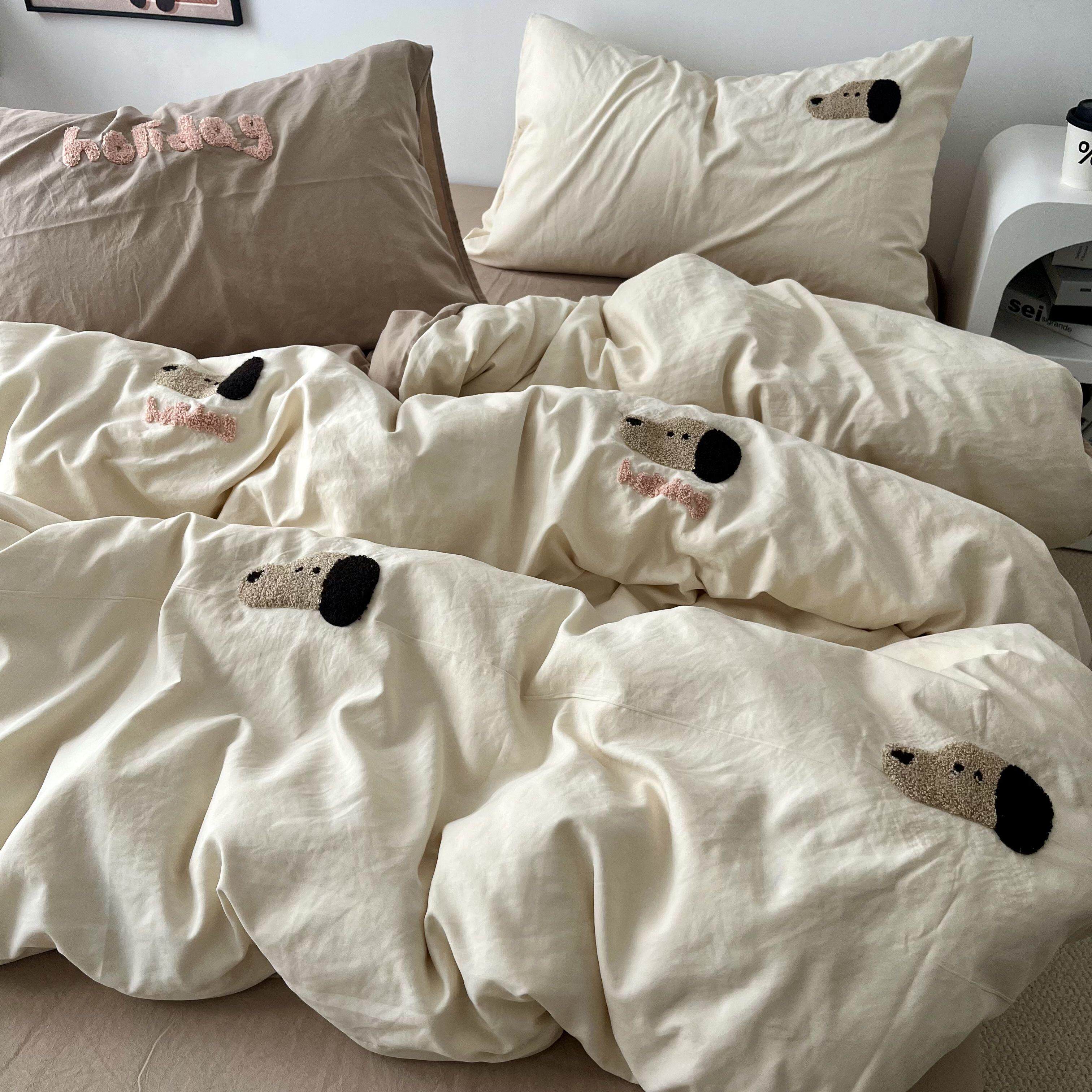 可爱腊肠狗毛巾绣水洗棉四件套