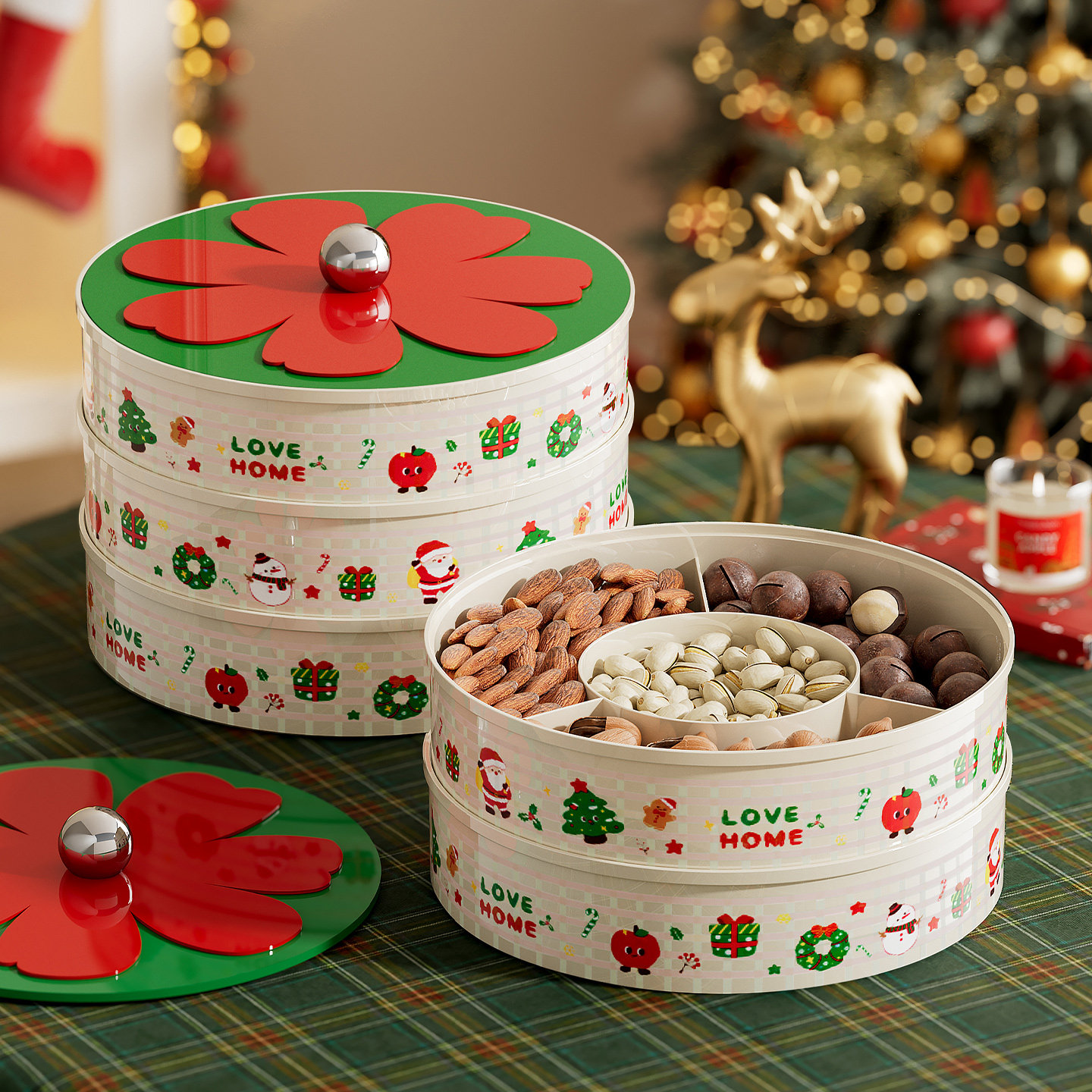 圣诞果盘家用分格糖果盒带盖大容量干果盒坚果零食收纳盒果盒