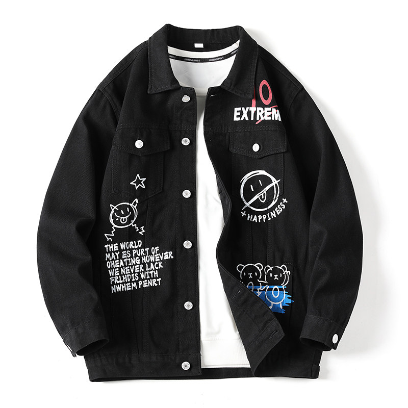 春秋季潮流帅气牛仔外套男青少年宽松美式街头风黑色夹克,男装,牛仔外套,淘宝优惠券,粉丝福利购,淘宝优惠卷