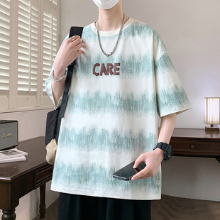 薄款 短袖 半袖 宽松T恤男士 印花休闲潮牌帅气上衣 初高中落肩袖 夏季