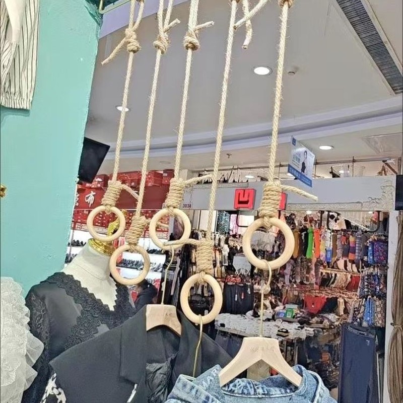 麻绳实木大圆圈复古做旧服装店展示架店铺装修悬挂衣架吊环吊架
