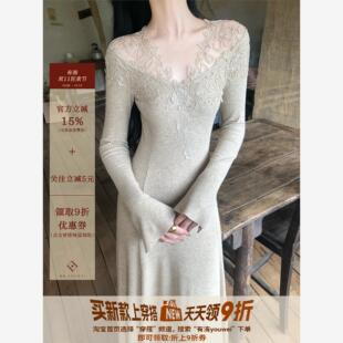 有洧Youwei 秋季巨好看连衣裙女2025新款打底内搭长袖针织蕾丝裙