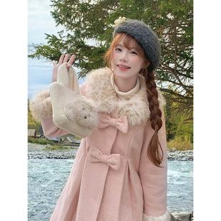 sinsingirl 粉色毛领毛呢外套蝴蝶结呢子大衣秋冬少女感 粉蝶甜梦