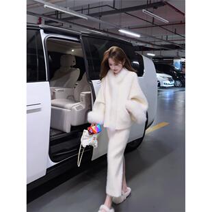 婷婷【摄人心魄】慵懒贵气风狐狸毛短款拉绒大衣套装冬季新款女装