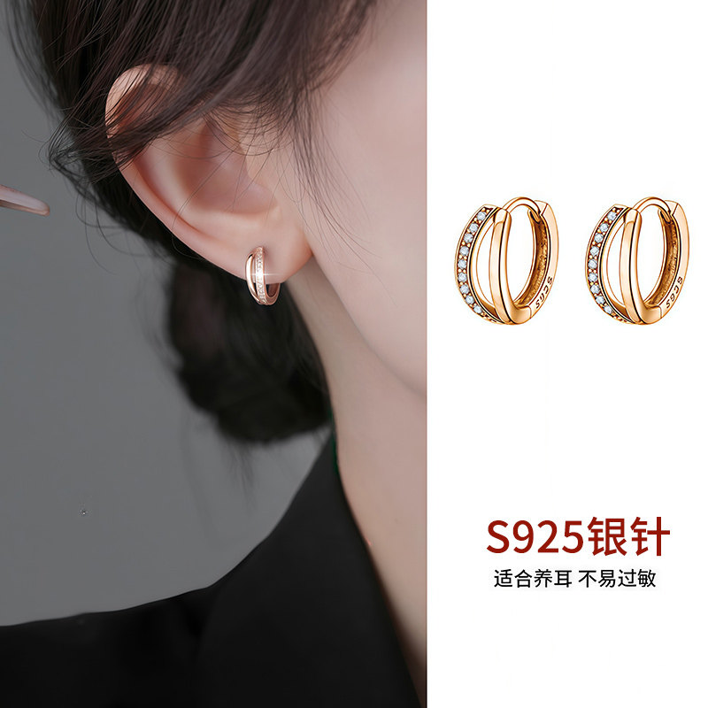 S925银针双层闪钻玫瑰金耳环女素圈耳圈轻奢高级耳扣百搭耳钉耳饰