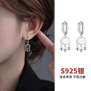 999纯银平安锁耳圈女小众设计高级感流苏耳环耳扣养耳洞耳钉耳饰