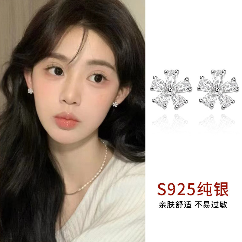 925纯银镶钻花朵耳钉睡觉免摘精致高级感耳饰养耳洞耳环森系清新