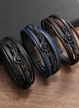 跨境新款覆古创意男士手炼 音乐符号简约皮质多层手环 磁吸扣饰品