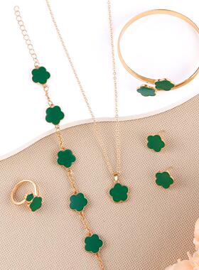 跨境韩版新款五叶花时尚幸运耳针项炼手镯手錬戒指组套五瓣花厂家