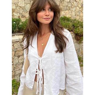 棉麻花边蝴蝶结衬衫 Nec 妇女宽松镂空V