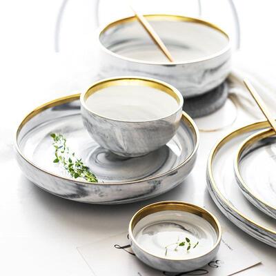 Nordic Marble Tableware Set Gold Trim Modern Dinnerware