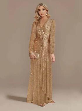 V-Neck Evening Dress Wedding Party Sequins Prom Dresses