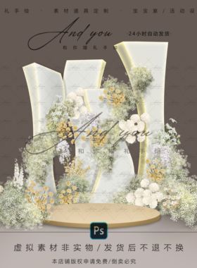 A172 小众异形kt板白绿色满天星婚礼效果图psd源文件泰式婚礼迎宾