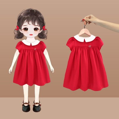女童2025年夏季新款公主裙洋气宝宝连衣裙红色礼服裙儿童夏装短袖