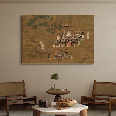 文会图新中式餐厅横幅装饰画茶室背景墙明清古典挂画玄关竖版带框