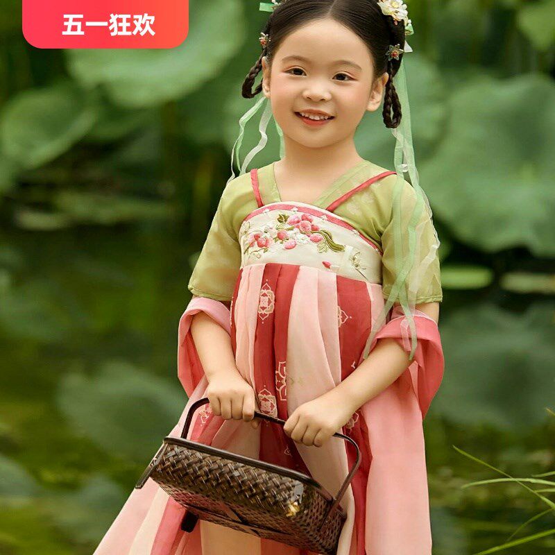 女童汉服中国风儿童齐胸襦裙新款小女孩短袖连衣裙吊带裙荔枝刺绣