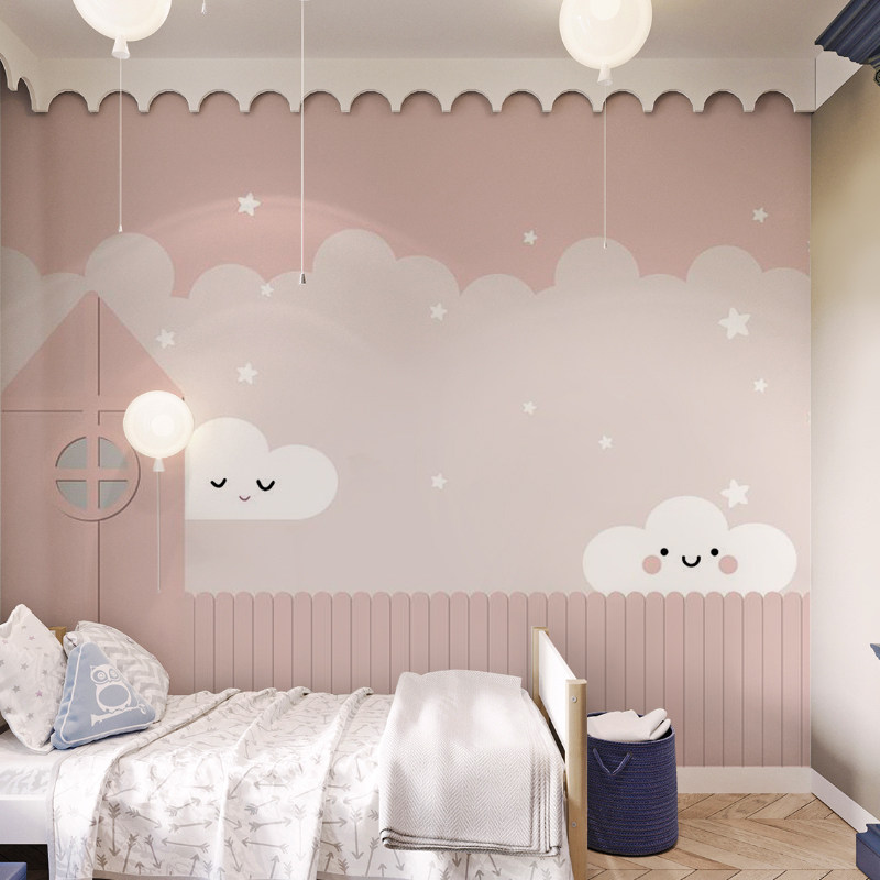简约现代温馨儿童房墙纸女孩房卧室房间粉色墙布公主房床头壁纸