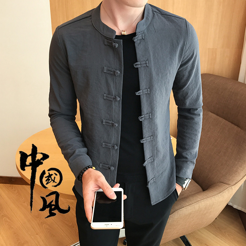 春夏薄款亚麻长袖外套上衣唐装男青年中国风衬衣真丝中式禅修汉服