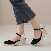 女凉鞋 草编坡跟凉鞋 侧空低跟不累脚穿搭 韩版 圆头时装 夏季 系带时尚