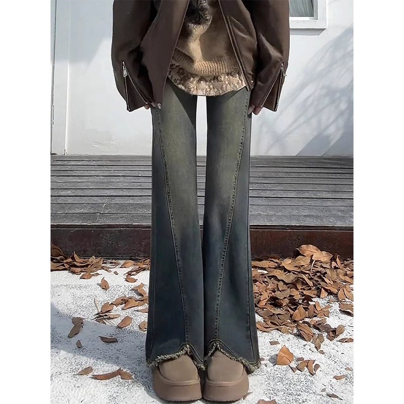梨形身材毛边微喇牛仔裤女春秋大码胖mm高腰遮胯显瘦弹力直筒裤子