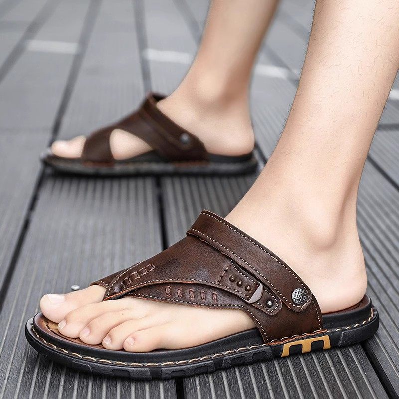 夏季皮凉鞋男防水防滑两穿2025新款人字拖爸爸休闲软底外穿沙滩鞋,流行男鞋,人字拖,淘宝优惠券,粉丝福利购,淘宝优惠卷
