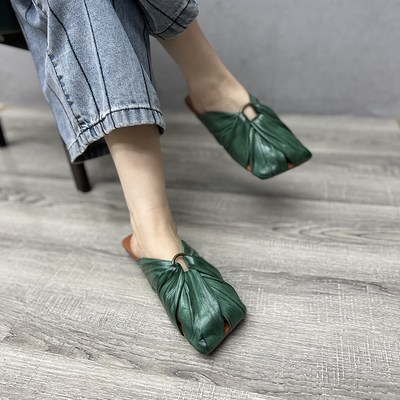 艺鞜2025年夏季新款真皮圆环平底方头外穿擦色凉拖复古半拖鞋女