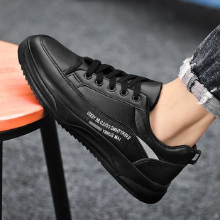 男鞋37 38小码全黑色板鞋青少年耐脏防水皮鞋中小学生休闲运动鞋