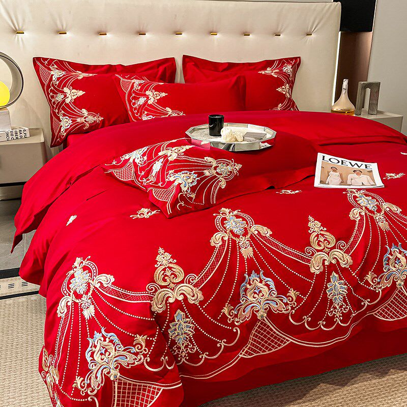 高档欧式全棉结婚四件套大红色床单被套纯棉婚庆床上用品婚房喜被