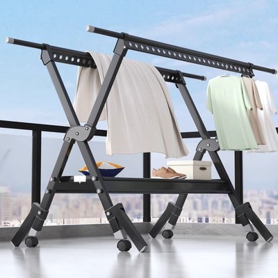晾衣架落地折叠伸缩挂衣铝合金加粗加厚晒被子带轮可移动防风抗风