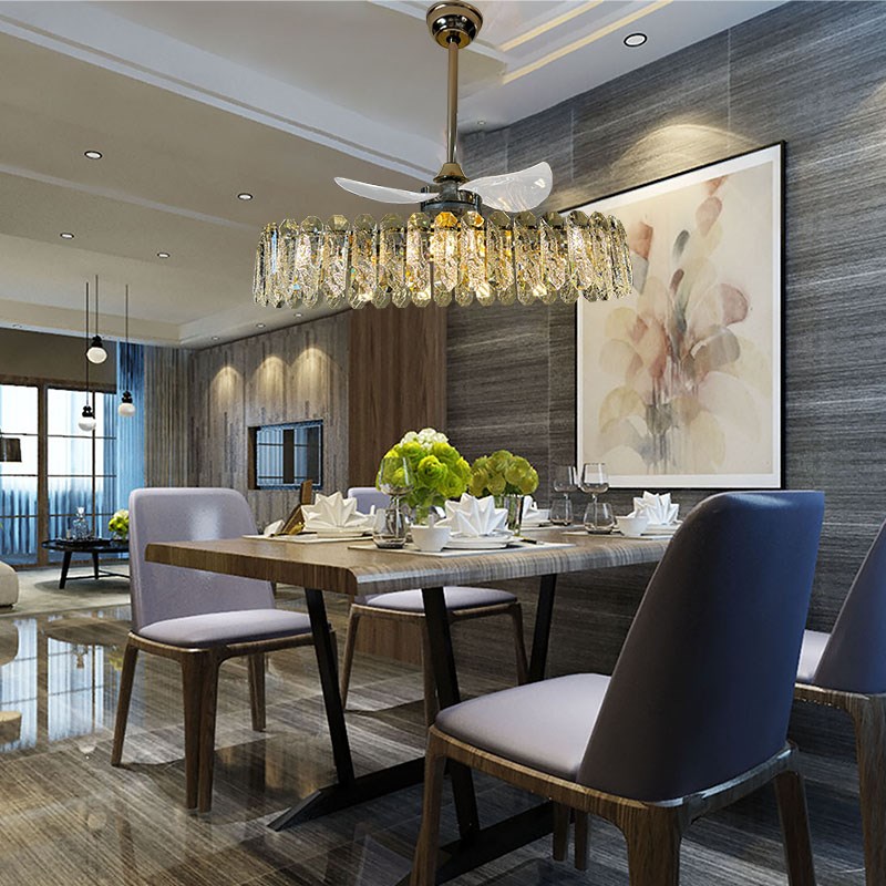 新款长方形水晶吊扇灯风扇灯餐厅风扇灯家用餐厅现代简约灯具