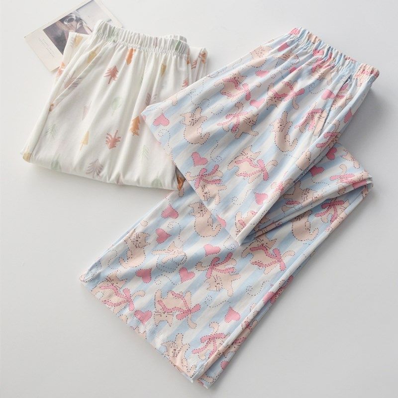 针织印花卡通猫咪睡裤女春秋季纯棉薄款宽松长裤裤子家居裤可外穿