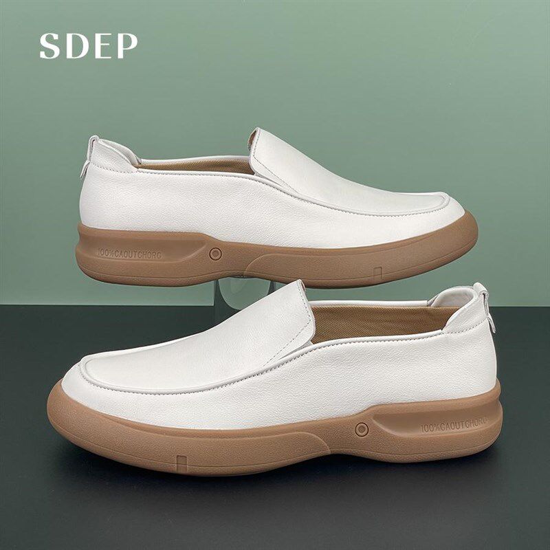 男士百搭秋季白色时尚头层牛皮软皮软底套脚防滑耐磨一脚蹬休闲鞋