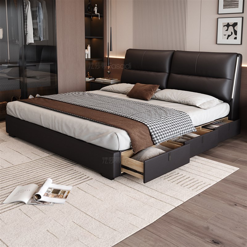 法莎蒂黑色真皮床主卧高端大气现代简约储物带抽屉意式极简双人床