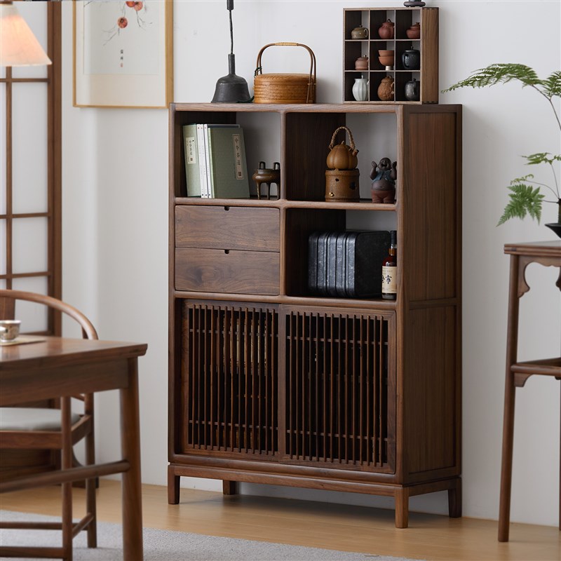 新中式黑胡桃木矮柜茶柜实木边柜小书柜博古架阳台茶室储物柜