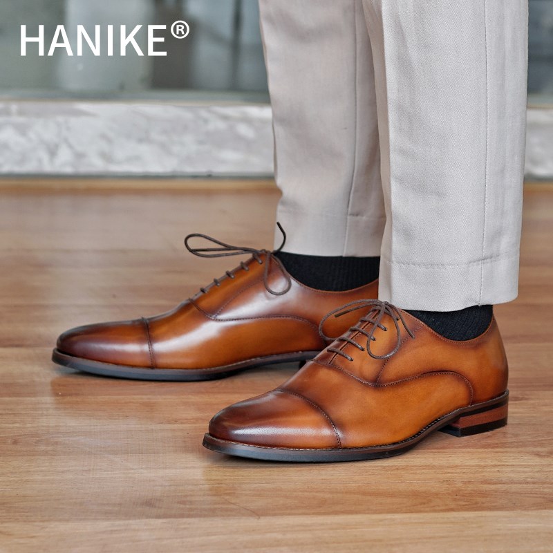 夏季手工休闲皮鞋男正装商务系带尖头三接头皮鞋男鞋棕色英伦复古