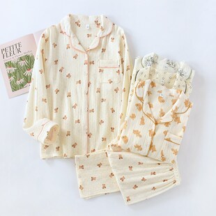 春夏季睡衣女长袖全棉双层纱布春秋新款田园风纯棉棉纱家居服套装