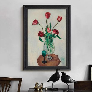 中古风复古手绘油画玫瑰花卉静物花瓶挂画M美式客厅玄关小众装饰