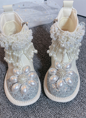 女童短靴2023秋冬单里靴子白色公主皮靴小女孩鞋子高跟儿童马丁靴