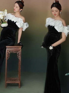 2024a孕妇照服装新款影楼中国风中式复古黑色丝绒旗袍艺术拍照礼