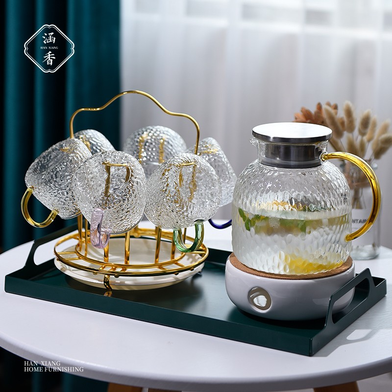涵香玻璃杯家用客厅杯子带架水杯简约清新森系杯子套装办公室茶杯