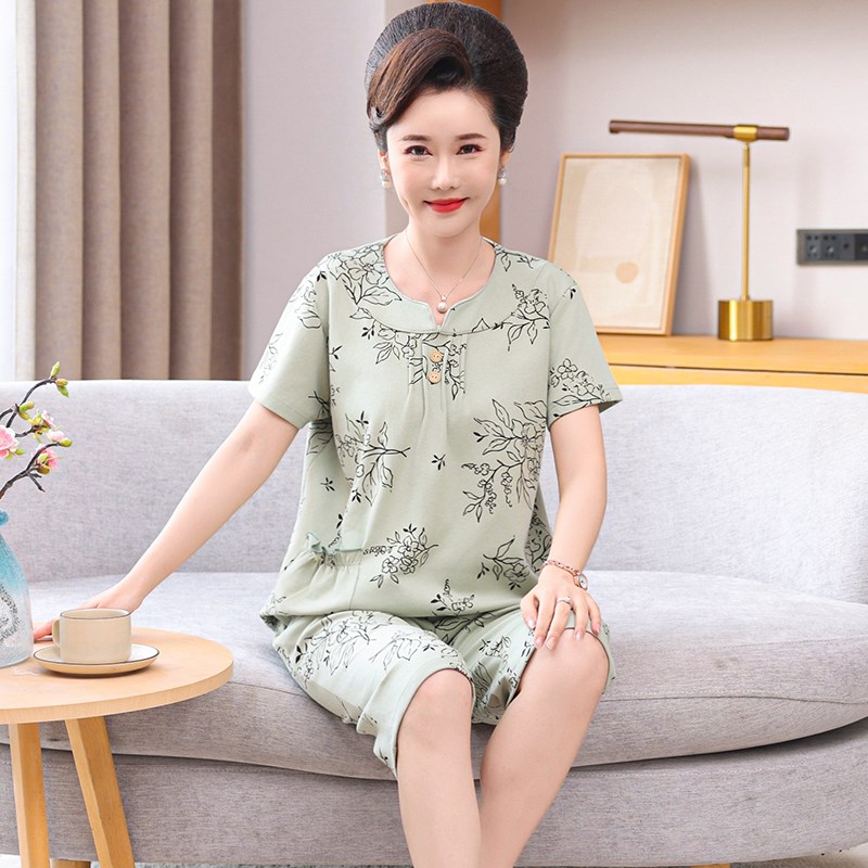 妈妈睡衣夏季款纯棉短袖七分裤套头中老年人妇女士薄款家居服大码
